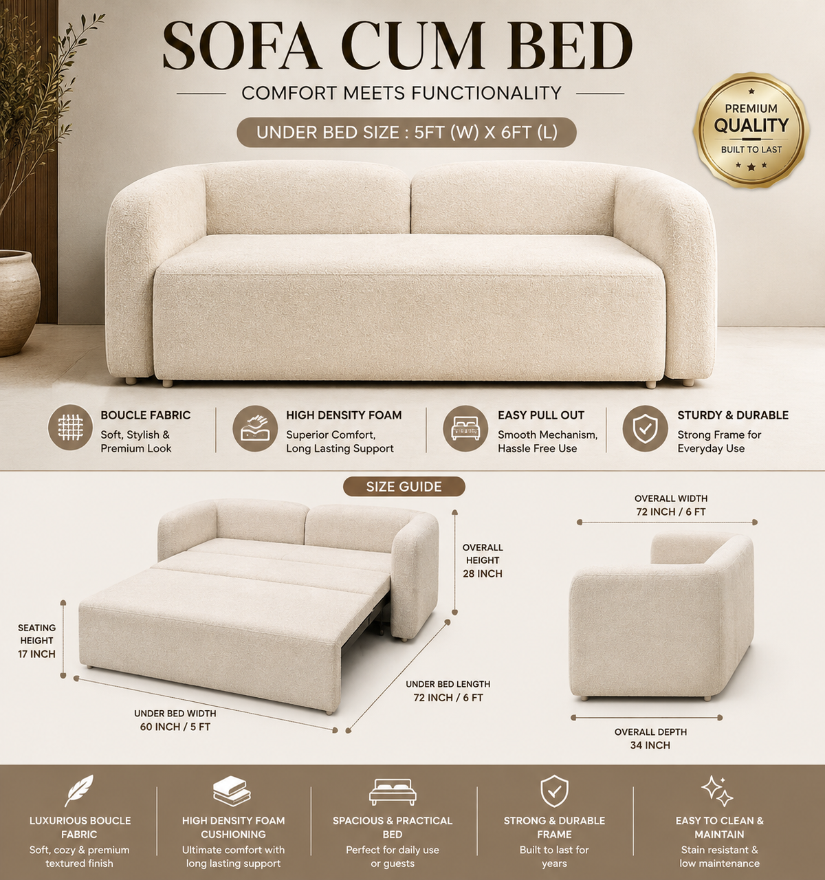Premium Bouclé Sofa Cum Bed | 5×6 Ft Pull-Out Bed | Luxury Convertible Sofa | High Density Foam | Free All India Delivery