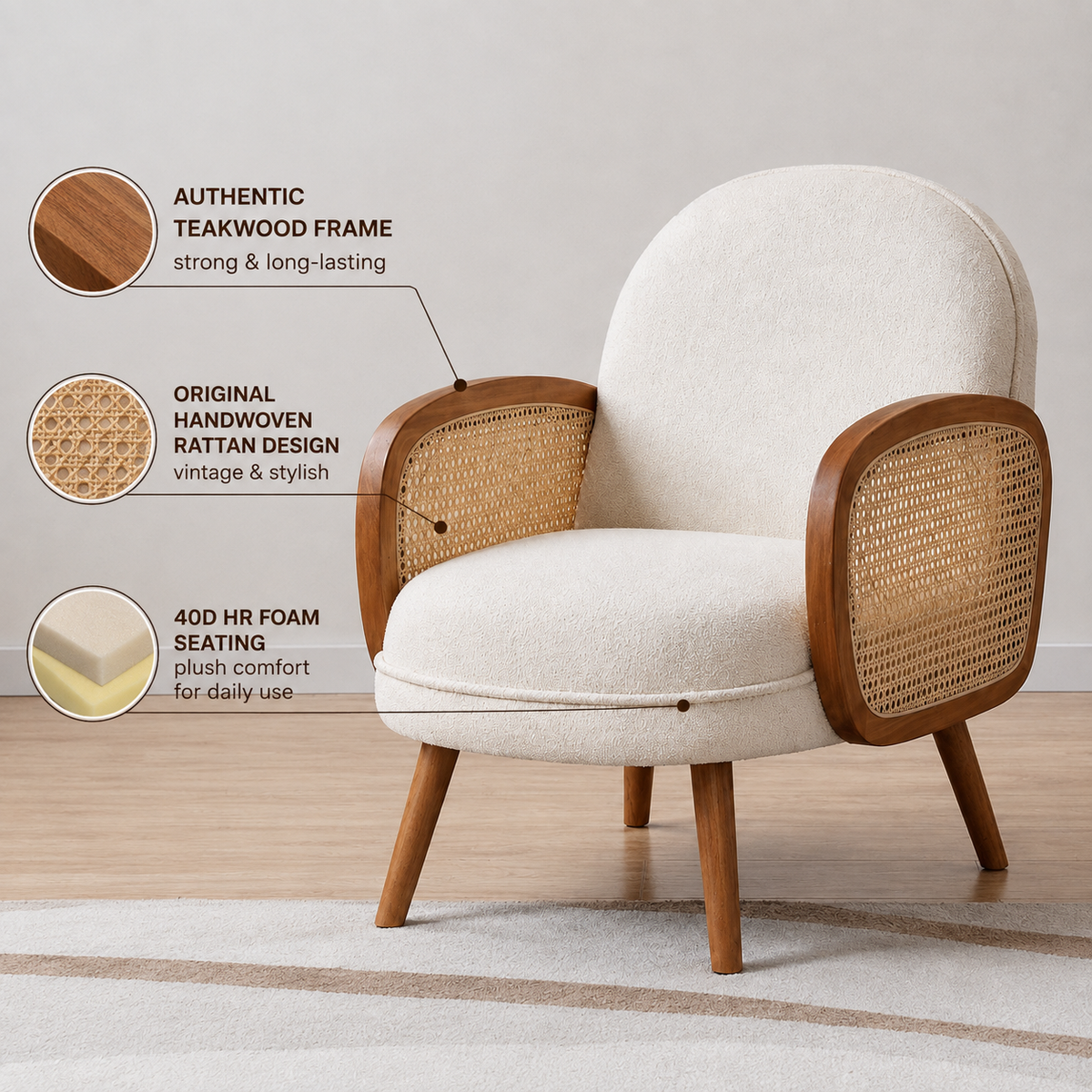 Premium Teakwood Rattan Accent Chair | 40D HR Foam | Modern Lounge Chair