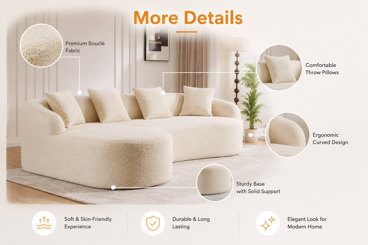 Luxury Cream Bouclé L-Shaped Sectional Sofa | Curved Chaise Lounge | Modern Designer Sofa