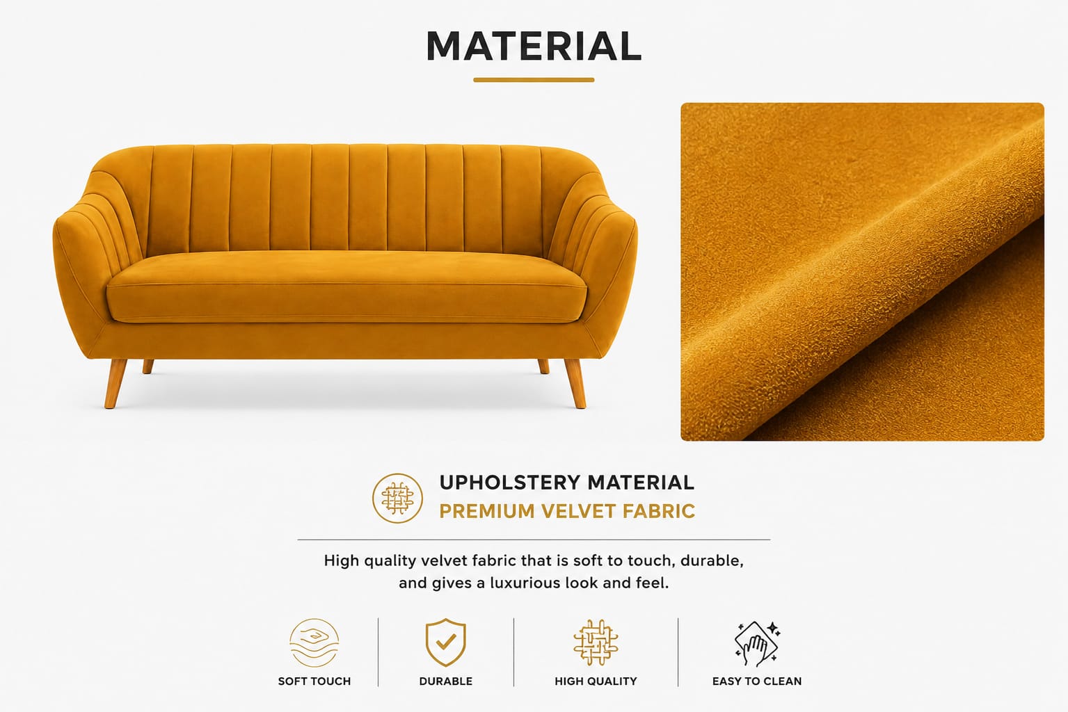 Neo Velvet 3 Seater Sofa – Mustard Yellow