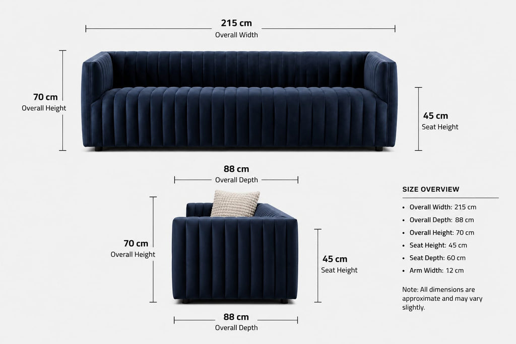 Veniza Modern Velvet 3 Seater Sofa – Navy Blue