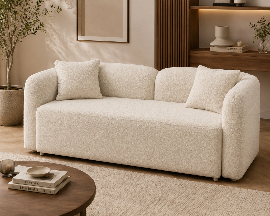 Premium Bouclé Sofa Cum Bed | 5×6 Ft Pull-Out Bed | Luxury Convertible Sofa | High Density Foam | Free All India Delivery