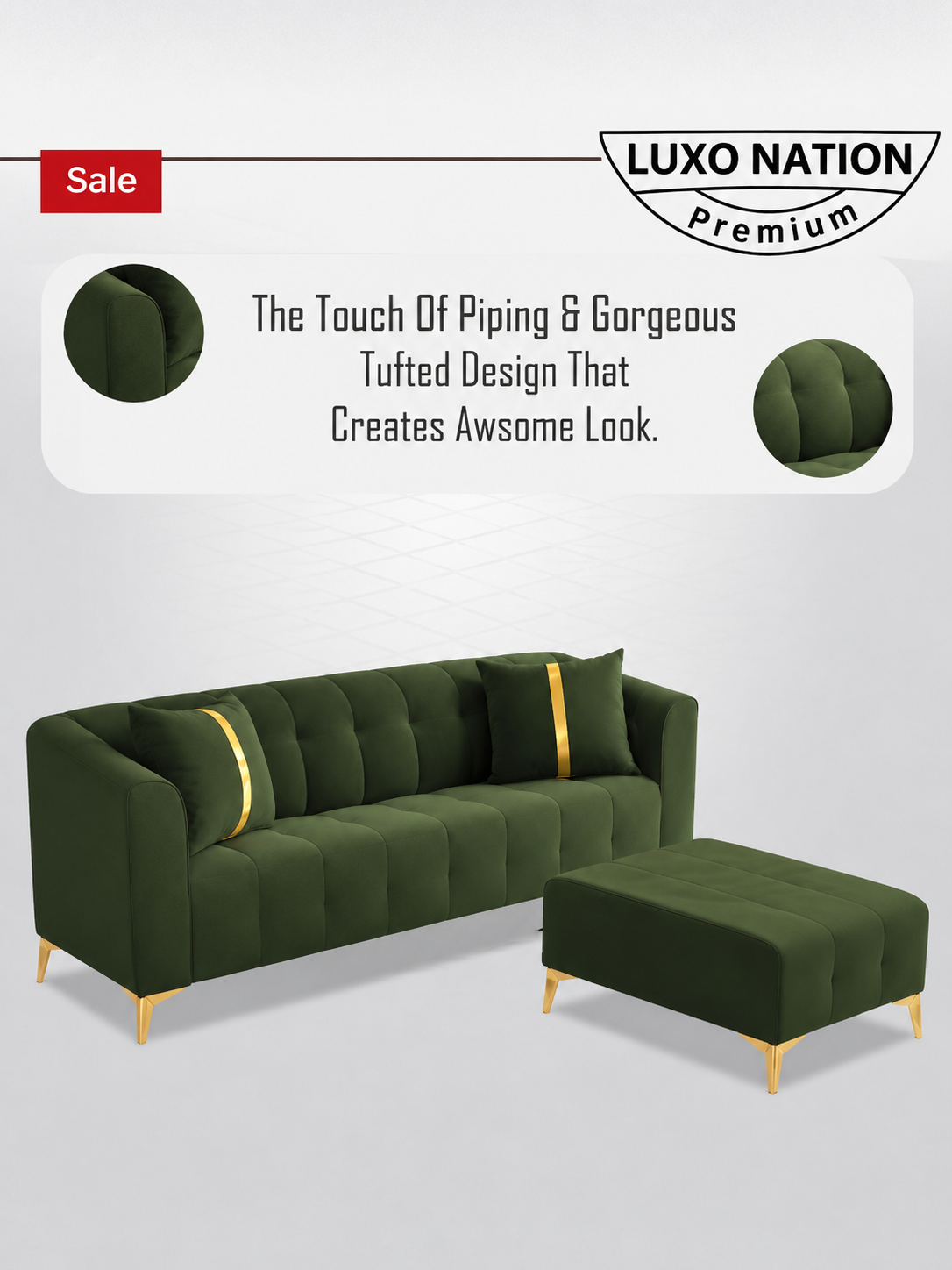 Luxury Emerald Green L-Shape Sectional Sofa with Gold Accents