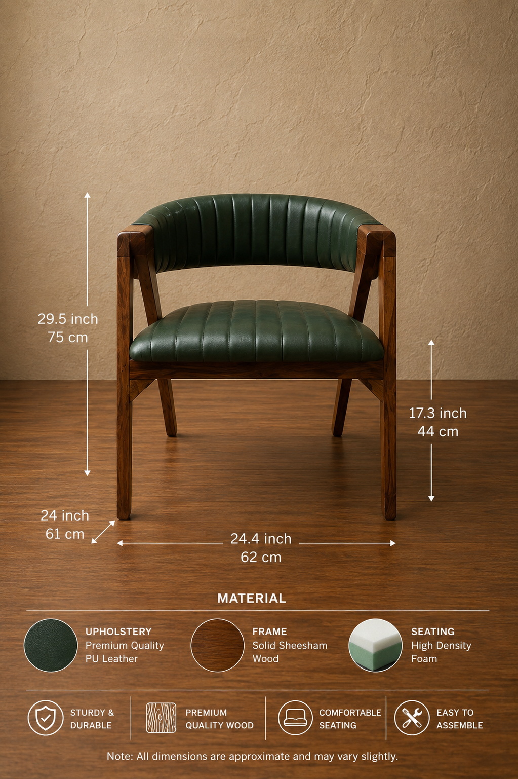 Premium Wooden Accent Chair with PU Leather | Modern Curved Backrest Chair for Home, Office & Café