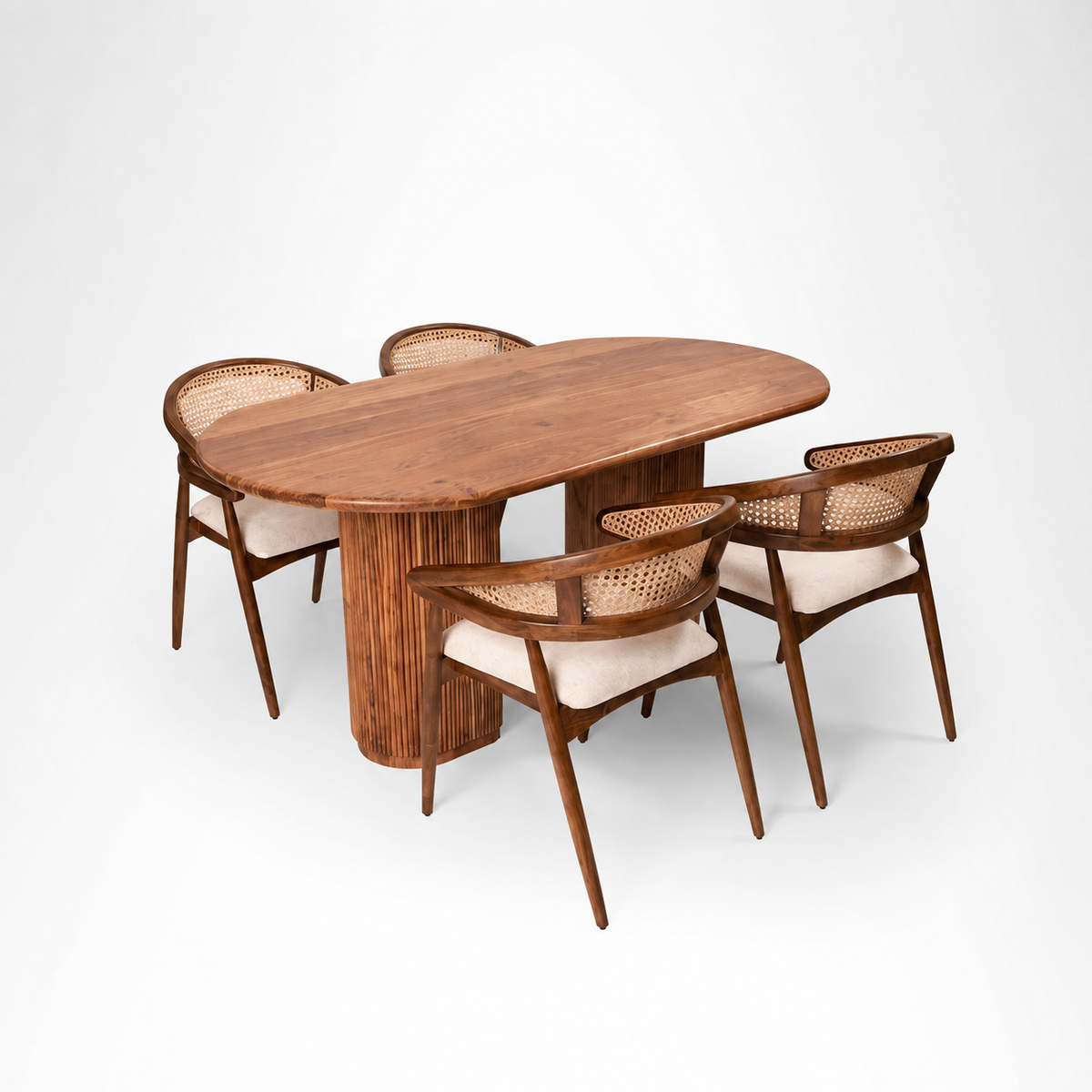 Premium Solid Acacia Wood Cane Dining Table Set with 4 Chairs