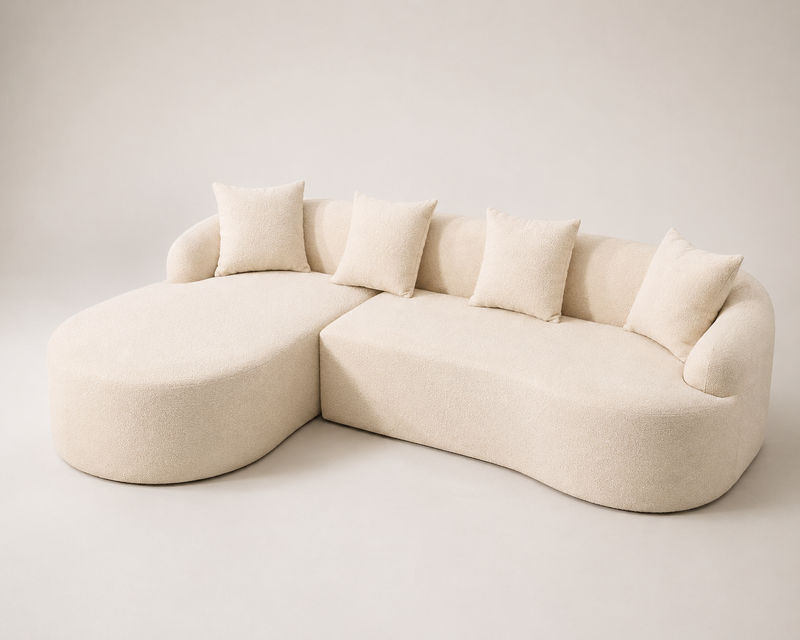 Luxury Cream Bouclé L-Shaped Sectional Sofa | Curved Chaise Lounge | Modern Designer Sofa