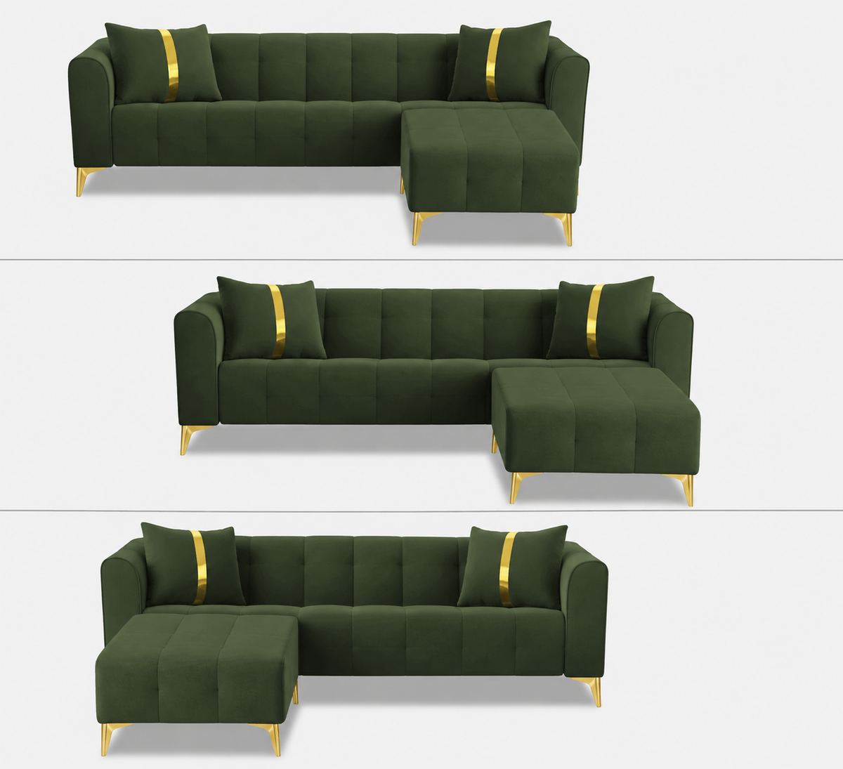 Luxury Emerald Green L-Shape Sectional Sofa with Gold Accents