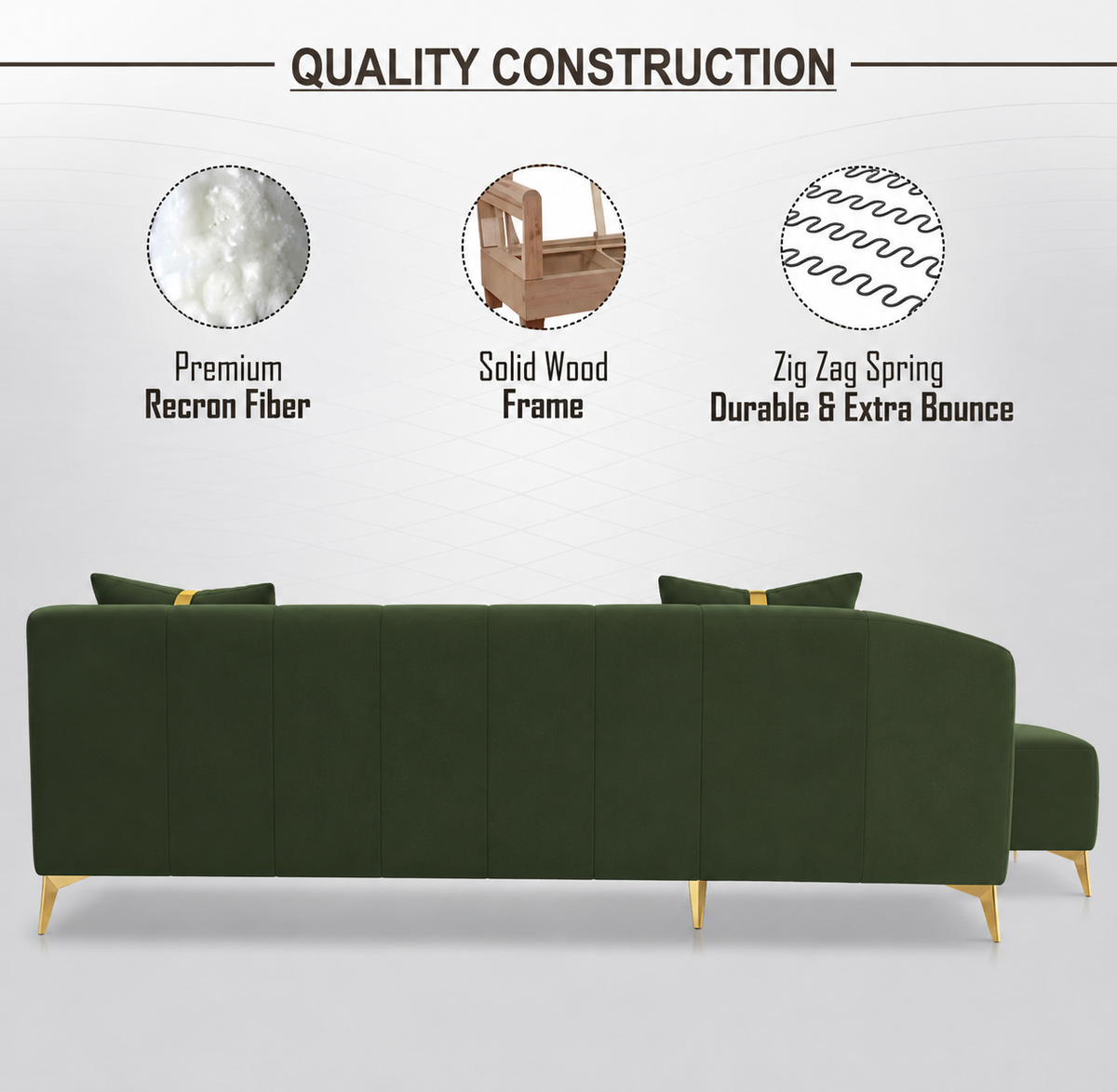 Luxury Emerald Green L-Shape Sectional Sofa with Gold Accents