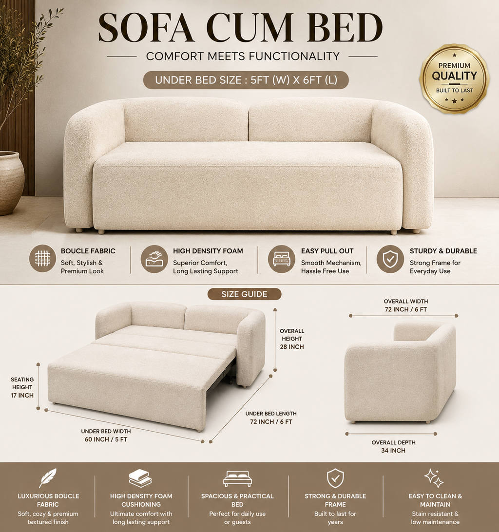 Premium Bouclé Sofa Cum Bed | 5×6 Ft Pull-Out Bed | Luxury Convertible Sofa | High Density Foam | Free All India Delivery