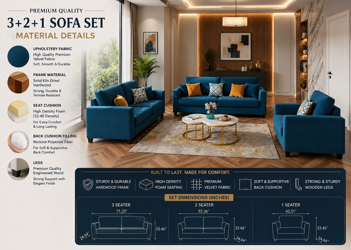 Premium 3+2+1 Blue Velvet Sofa Set | Luxury Living Room Sofa | Custom Made