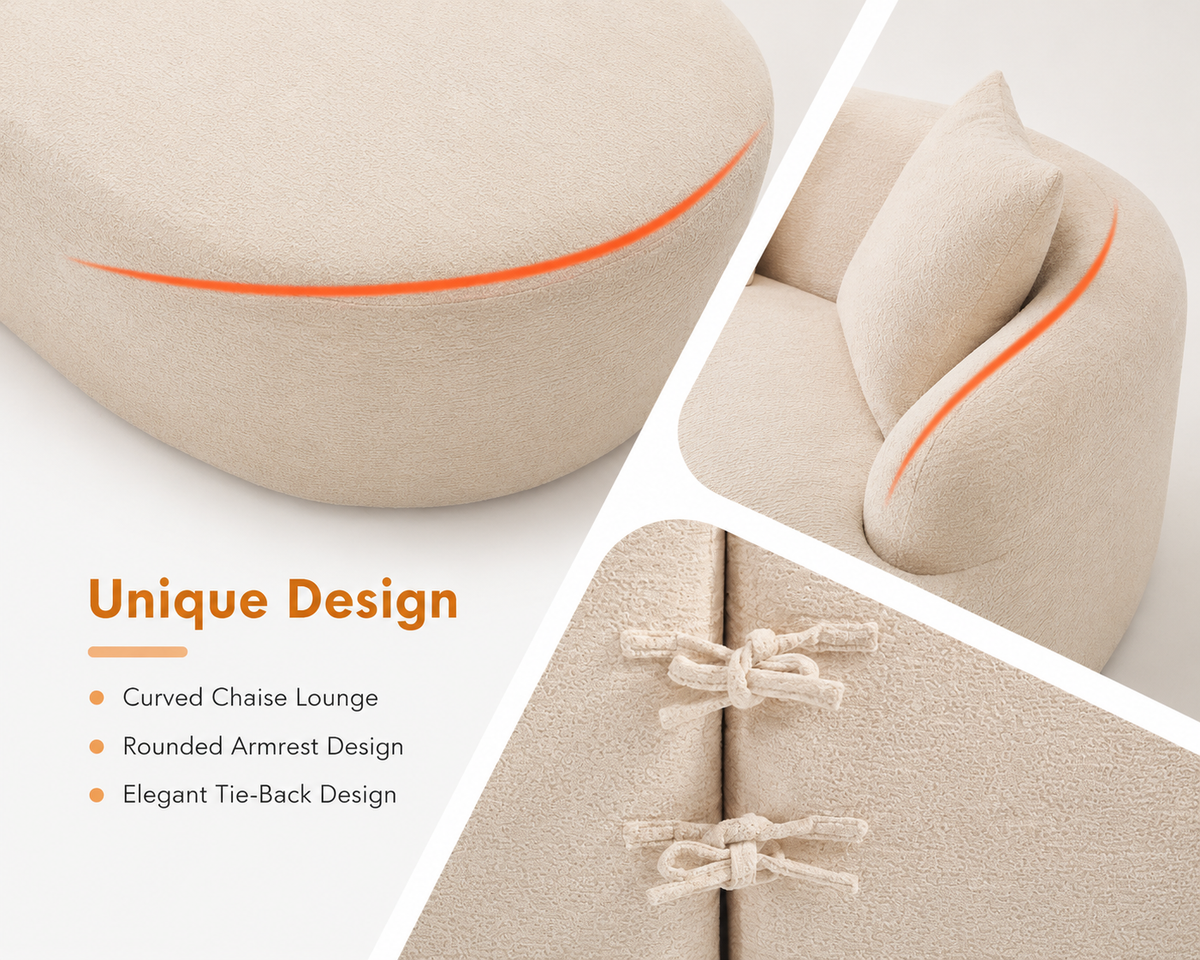 Luxury Cream Bouclé L-Shaped Sectional Sofa | Curved Chaise Lounge | Modern Designer Sofa
