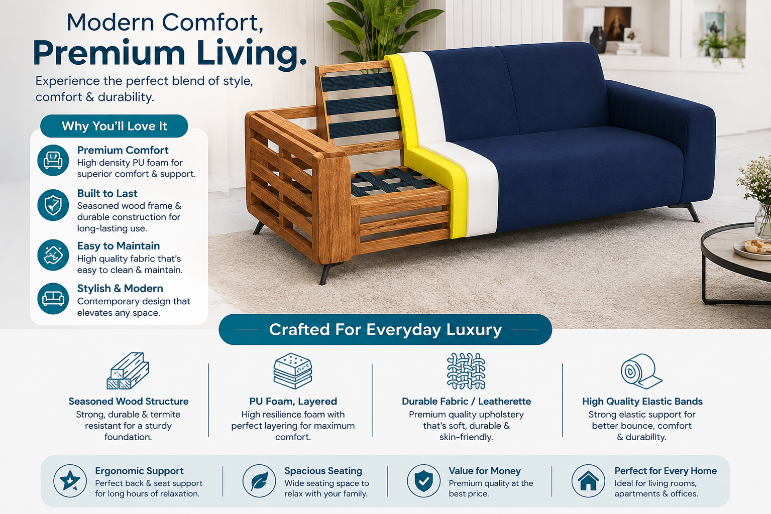 Luxury Velvet 3 Seater Sofa | Premium Fabric | Modern Living Room Couch | High Density Foam | Solid Wood Frame