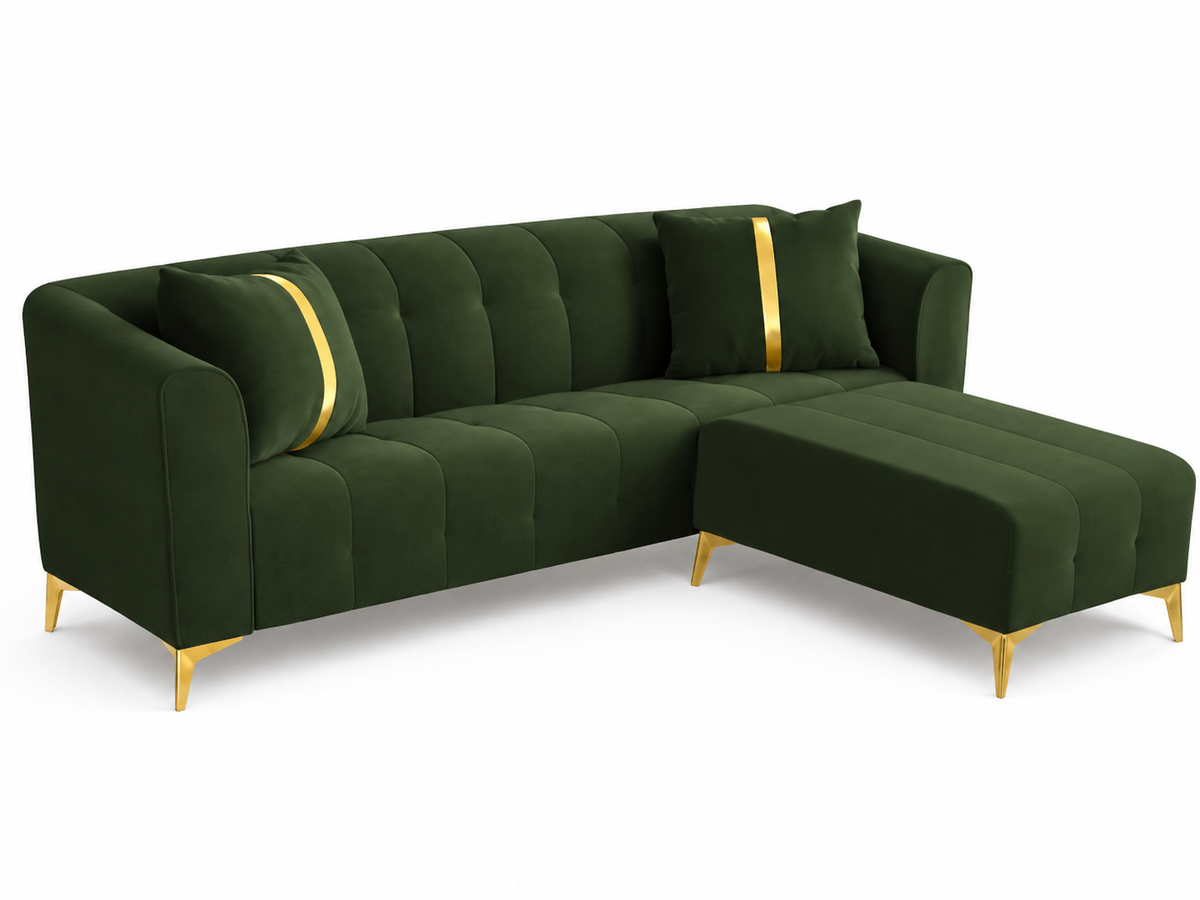 Luxury Emerald Green L-Shape Sectional Sofa with Gold Accents