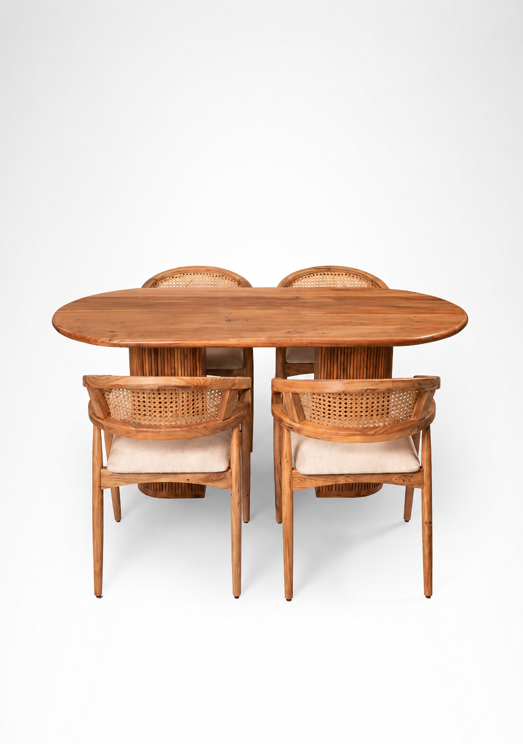 Premium Solid Acacia Wood Cane Dining Table Set with 4 Chairs