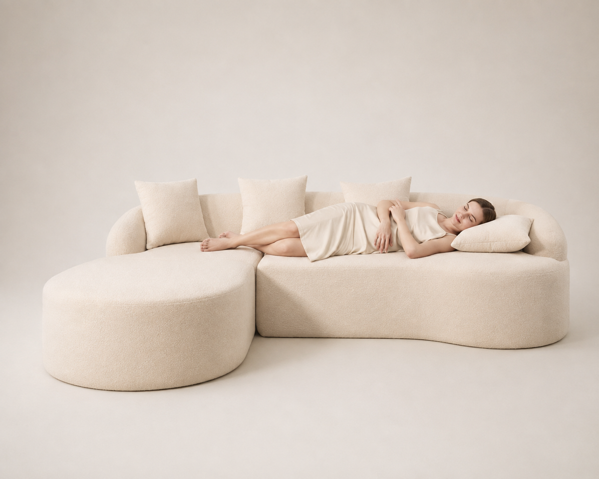 Luxury Cream Bouclé L-Shaped Sectional Sofa | Curved Chaise Lounge | Modern Designer Sofa