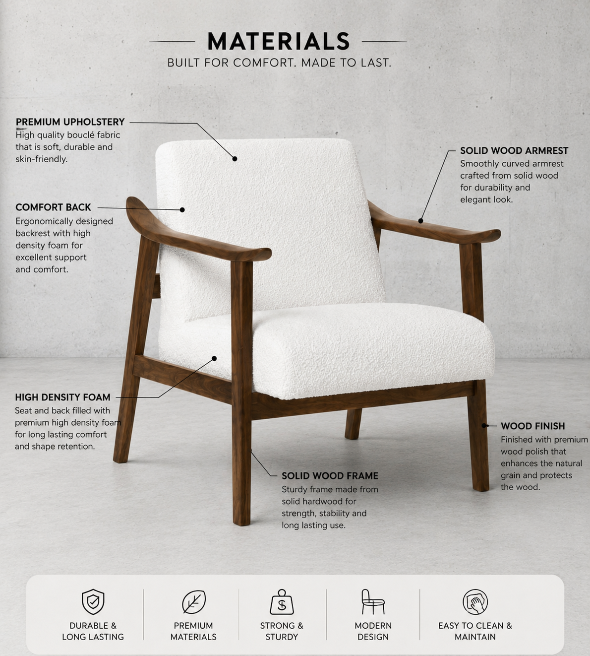Mid-Century Solid Wood Accent Chair | Premium Lounge Chair