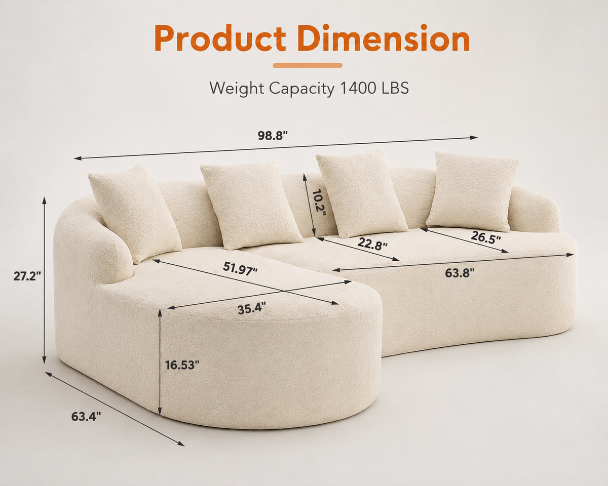 Luxury Cream Bouclé L-Shaped Sectional Sofa | Curved Chaise Lounge | Modern Designer Sofa