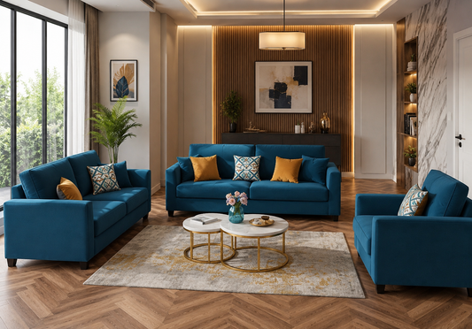 Premium 3+2+1 Blue Velvet Sofa Set | Luxury Living Room Sofa | Custom Made