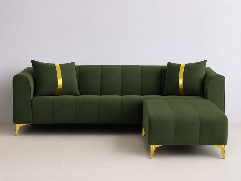 Luxury Emerald Green L-Shape Sectional Sofa with Gold Accents