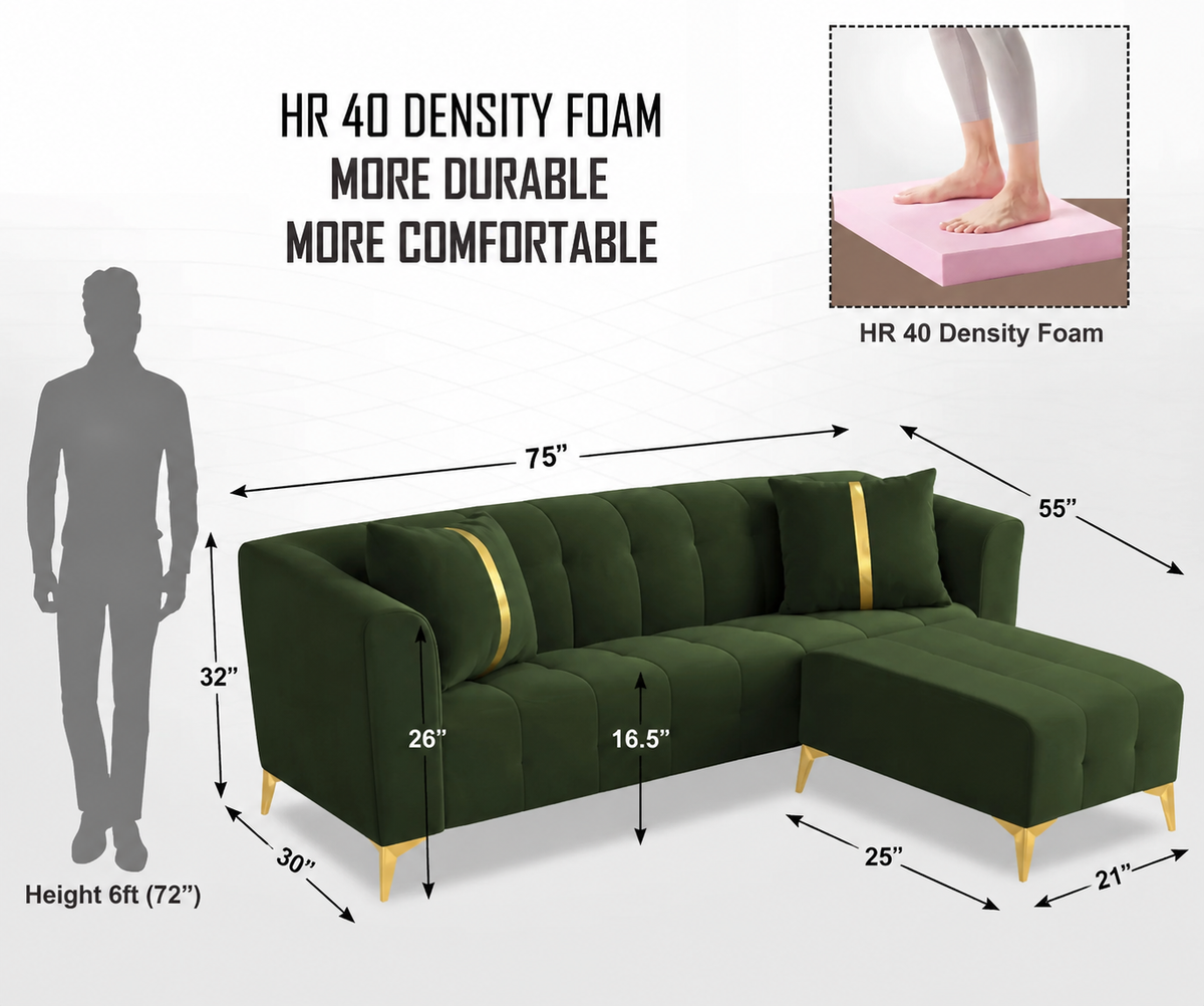 Luxury Emerald Green L-Shape Sectional Sofa with Gold Accents