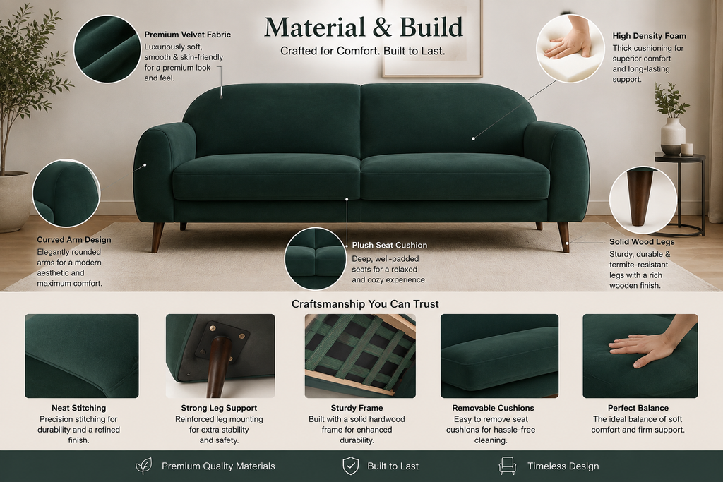 Raza Enterprises Premium Velvet Fabric 3 Seater Sofa | Modern Living Room Couch | Teal Green