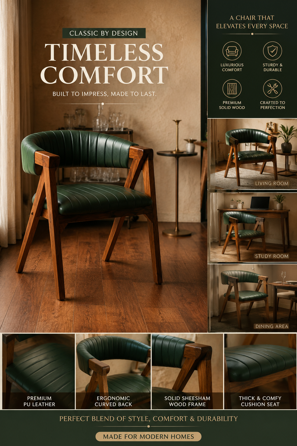 Premium Wooden Accent Chair with PU Leather | Modern Curved Backrest Chair for Home, Office & Café