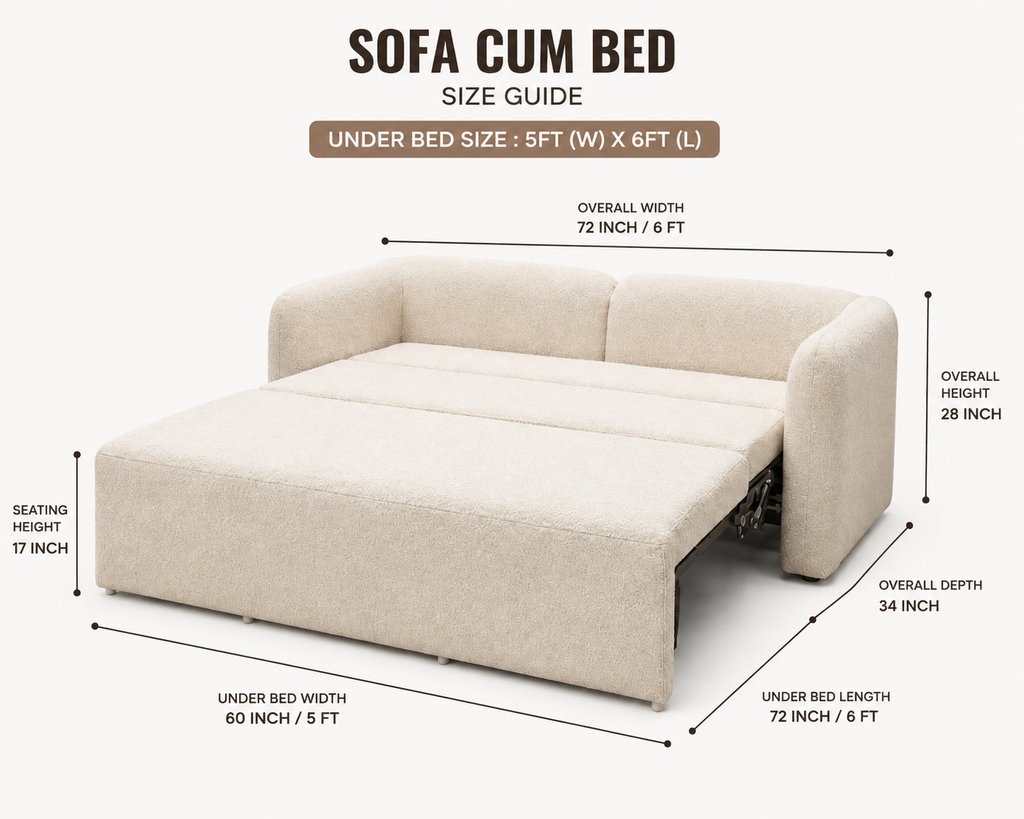 Premium Bouclé Sofa Cum Bed | 5×6 Ft Pull-Out Bed | Luxury Convertible Sofa | High Density Foam | Free All India Delivery